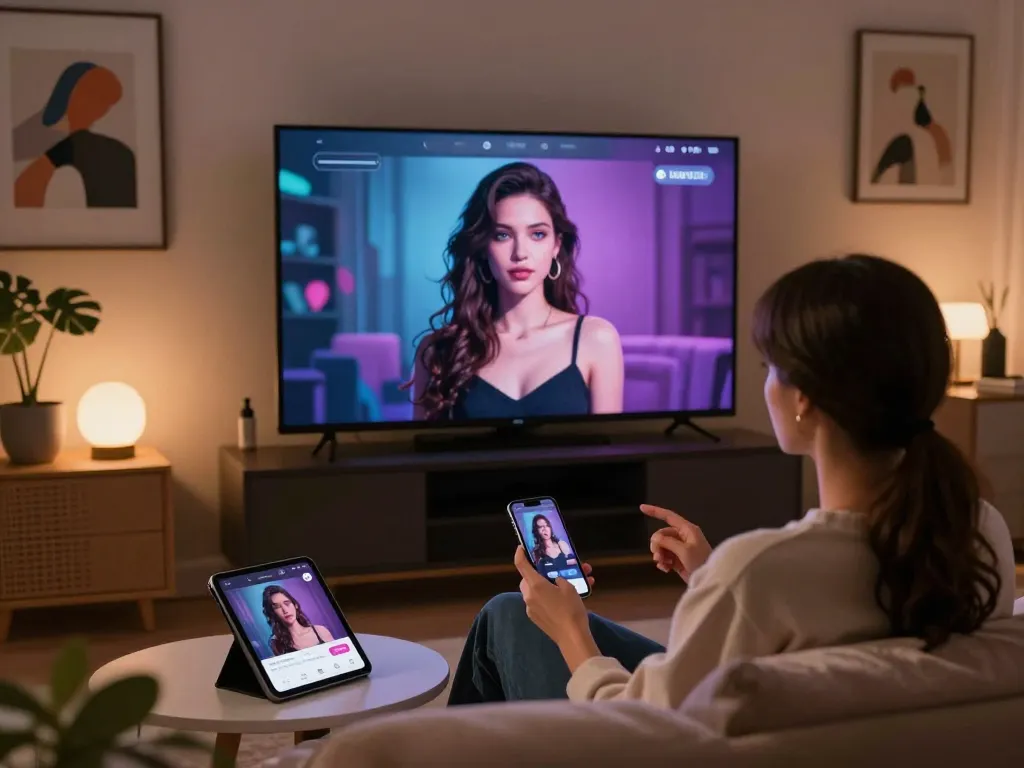 Engaging in an ai porn chat experience with a virtual character in a cozy, modern setting.