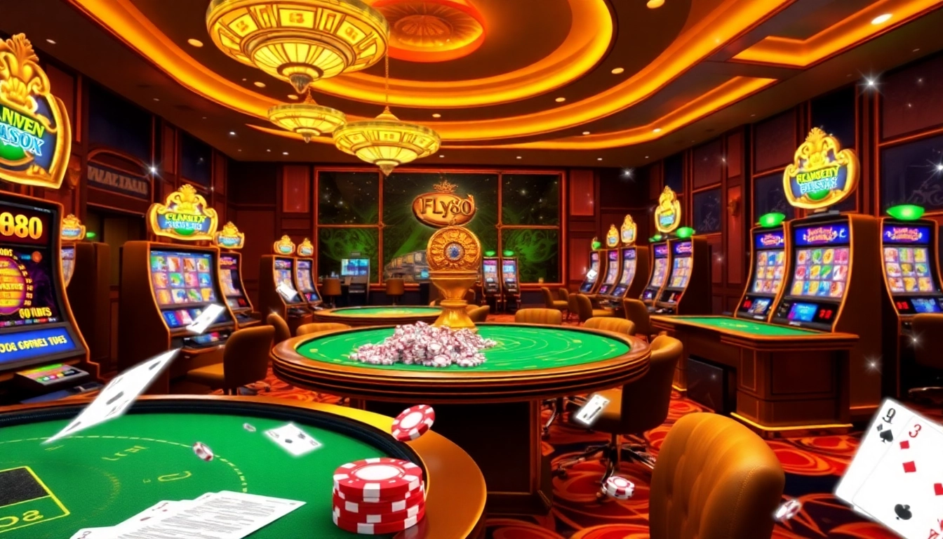 FLY88 offers an exciting online gambling experience with vibrant casino tables and colorful chips.
