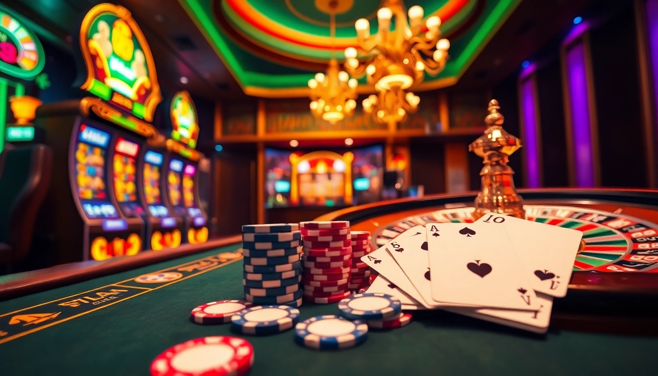 Exciting gaming atmosphere featuring online casino elements from https://phtayab.com/ with vibrant slot machines and poker table.