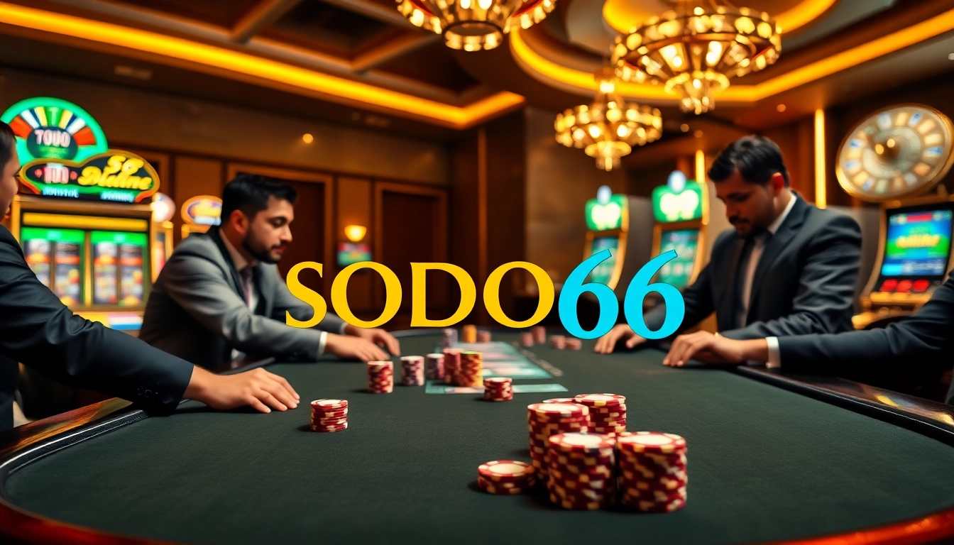 SODO66 players strategizing at a professional poker table in a vibrant casino.