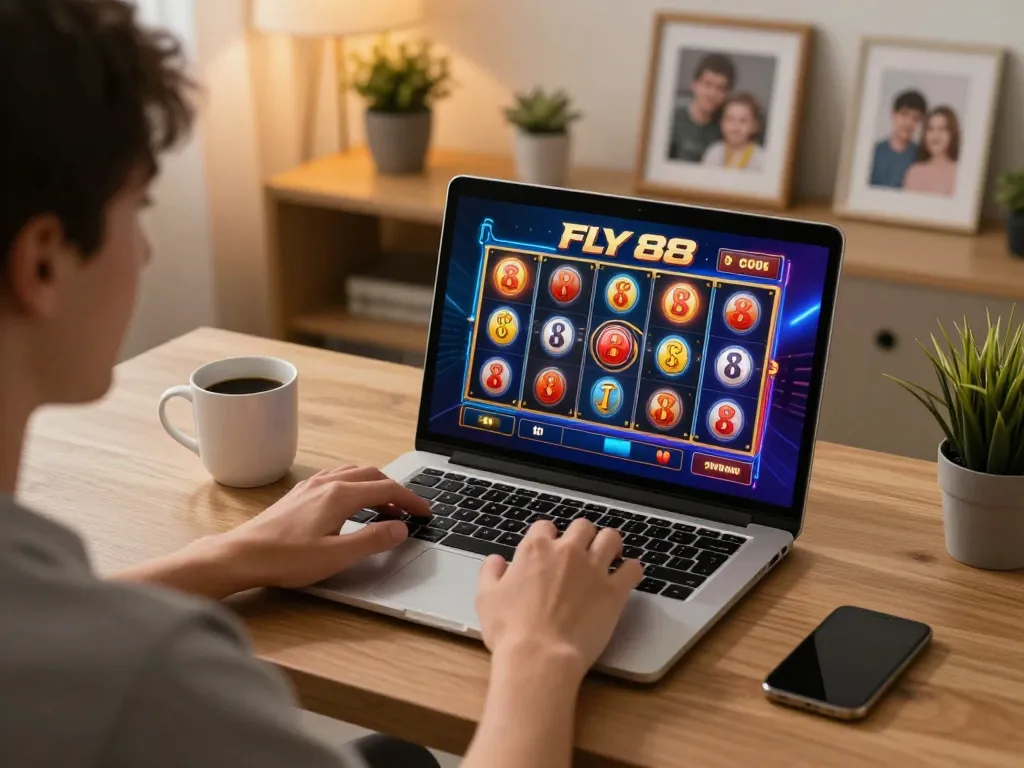 Engaging moment of player enjoying FLY 88 casino games on laptop, showing vibrant screen action