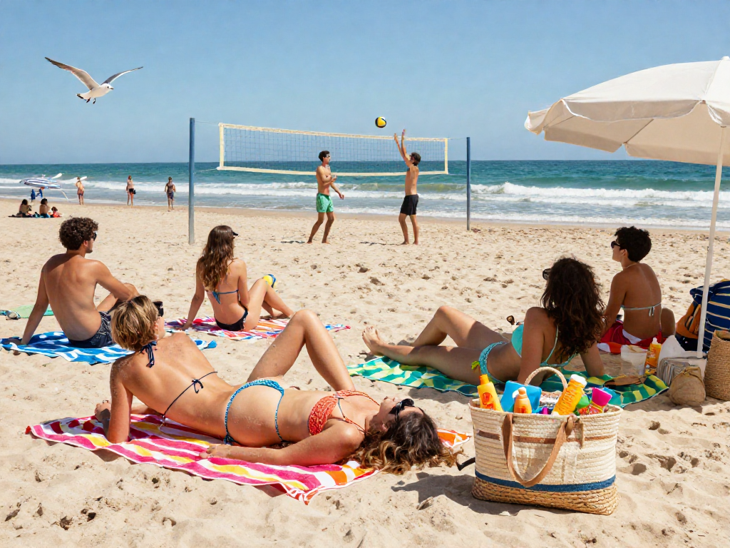 Friends enjoying a vibrant beach day with stylish BIKINISLOT swimwear, playing volleyball, and relaxing under the sun.