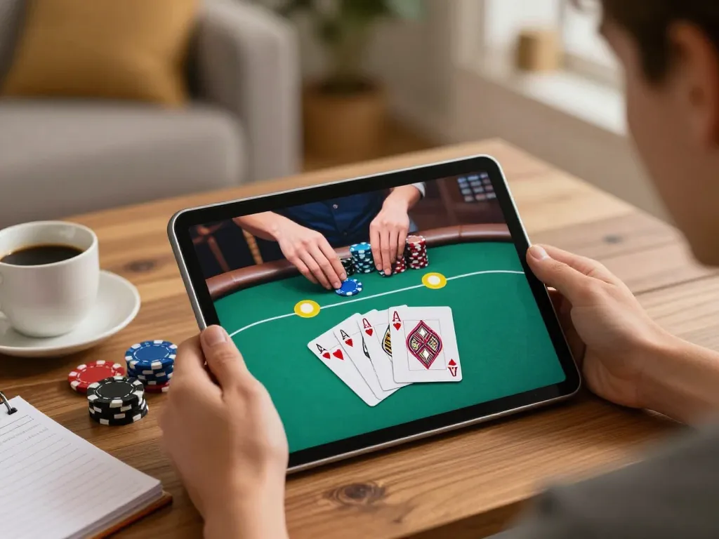Player enjoying an online poker game with 98win01 on tablet, showcasing strategic gaming.