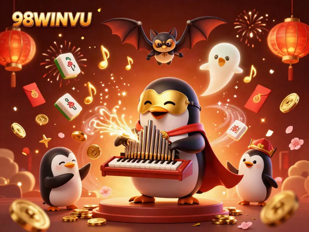 Experience the vibrant world of 98WIN VU with a lively casino scene featuring captivating characters and gold coins.