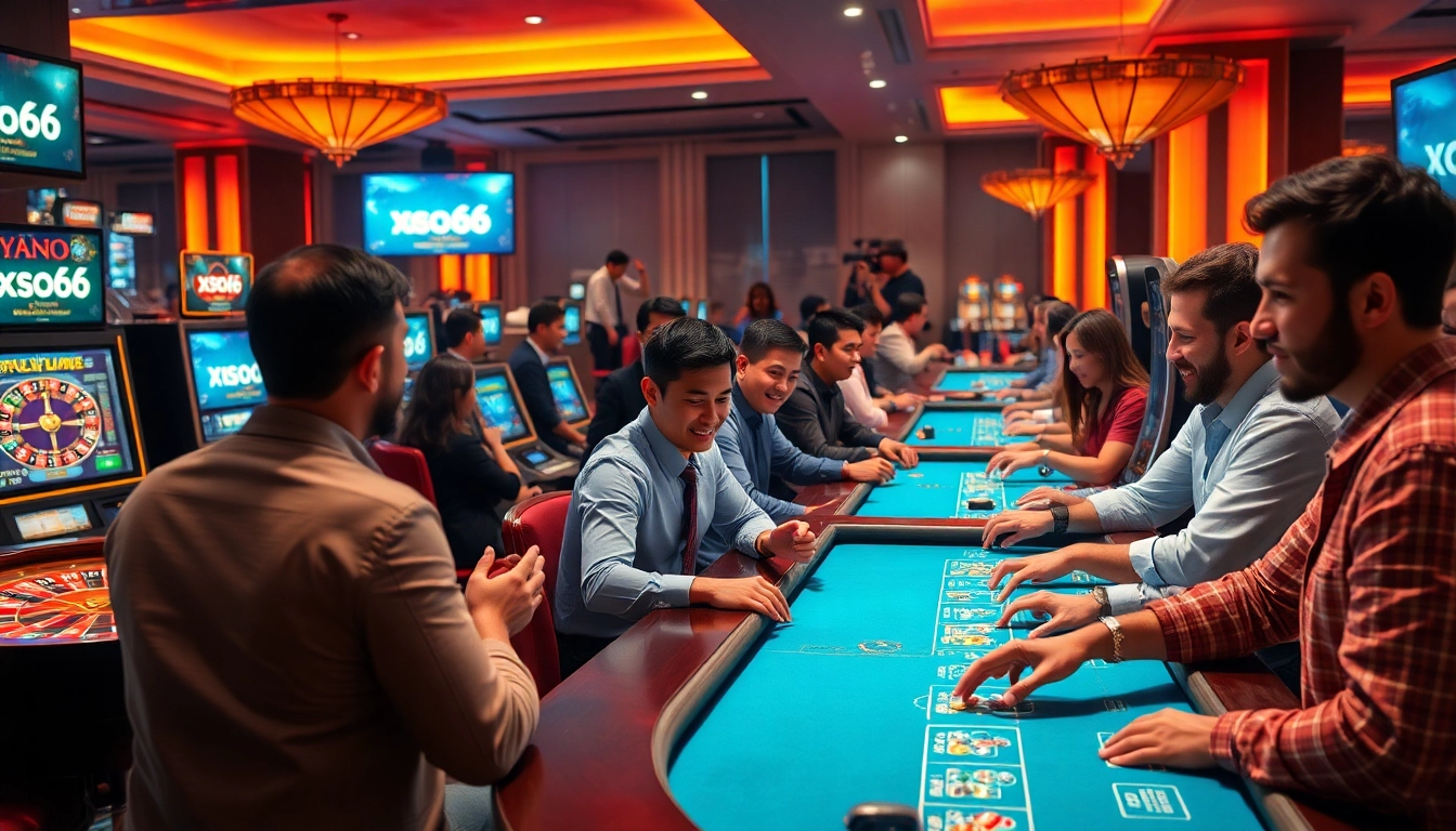Xoso66 online gaming enthusiasts enjoying a vibrant casino atmosphere with roulette and slot machines.