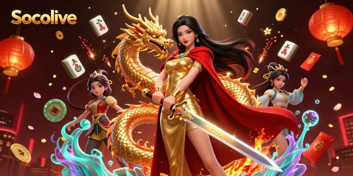 Socolive showcases a vibrant, dynamic illustration depicting a warrior queen with a golden dragon, enriched with gambling elements.