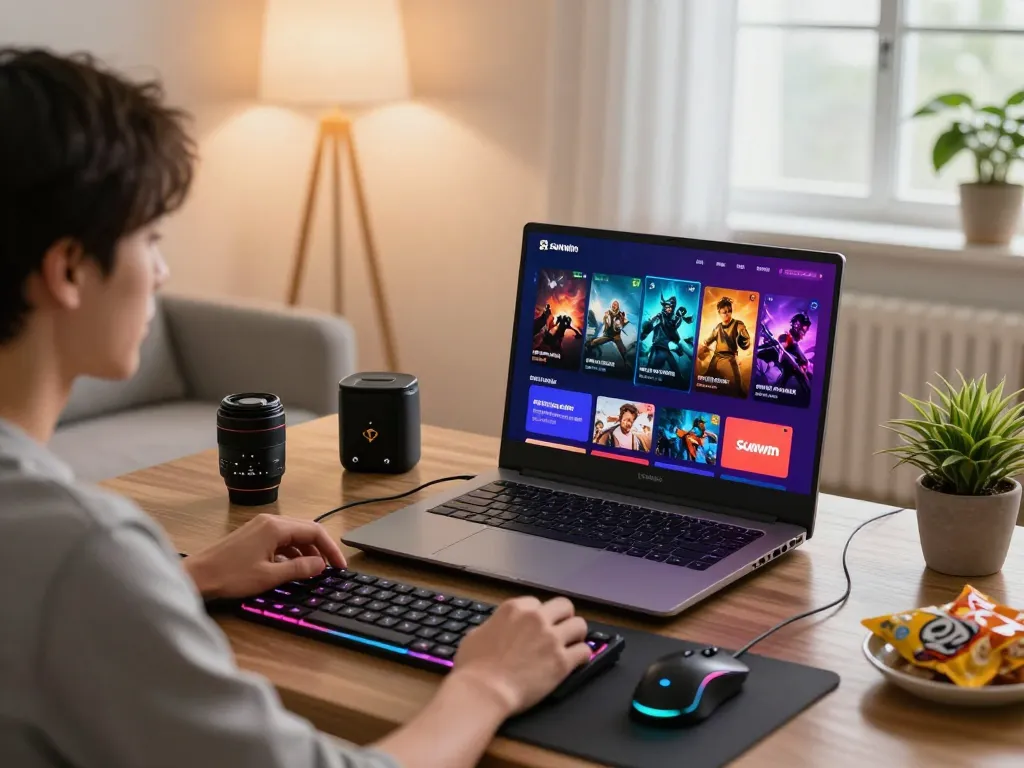 Enjoying Sunwin gaming platform experience with vibrant graphics and cozy setup.