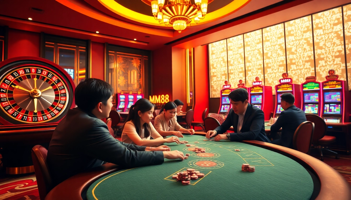 MM88 casino scene with players at a poker table and roulette wheel.