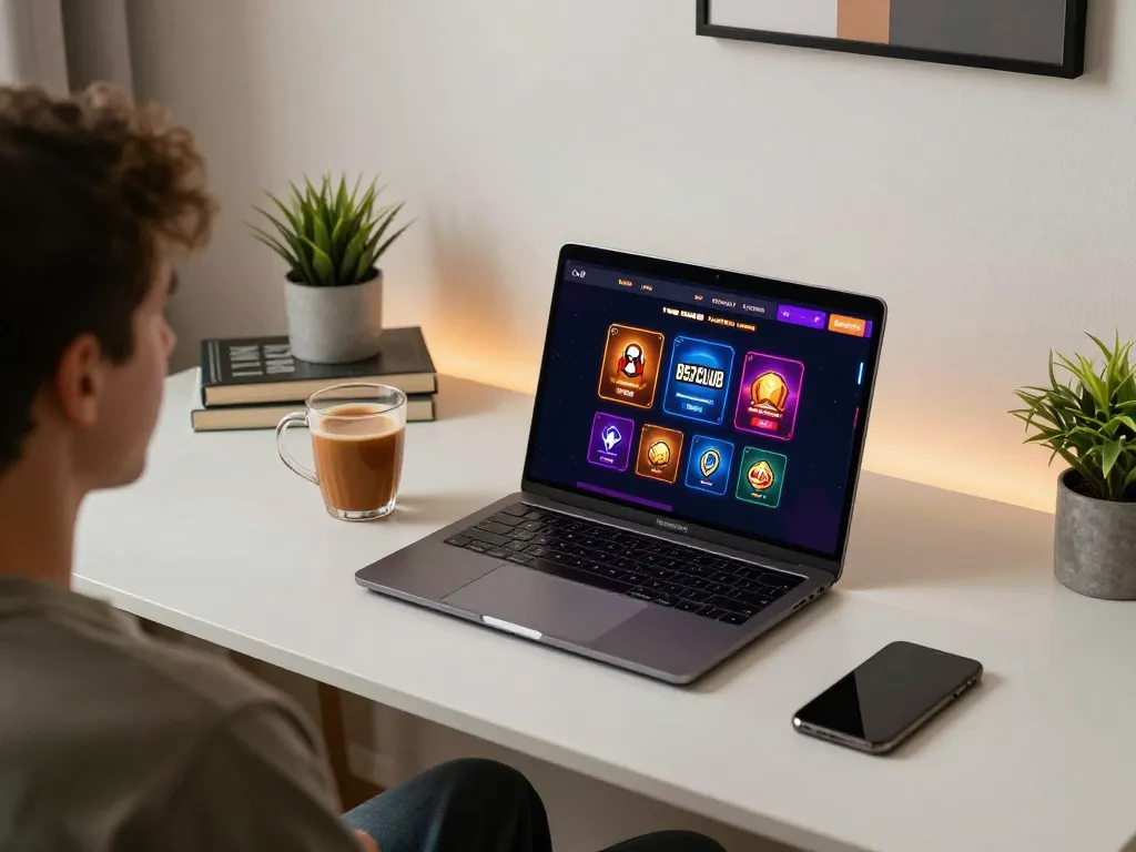 B52club player enjoying online gaming experience at home with laptop and colorful casino interface