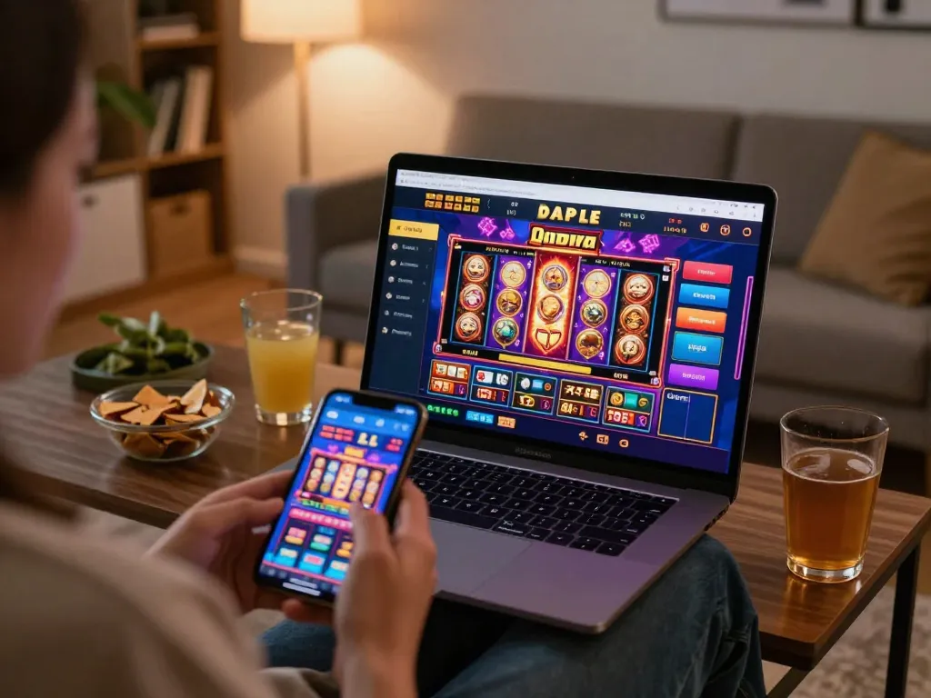 Engaging scene of lucky88a online gaming session showcasing vibrant slots and smartphone interaction