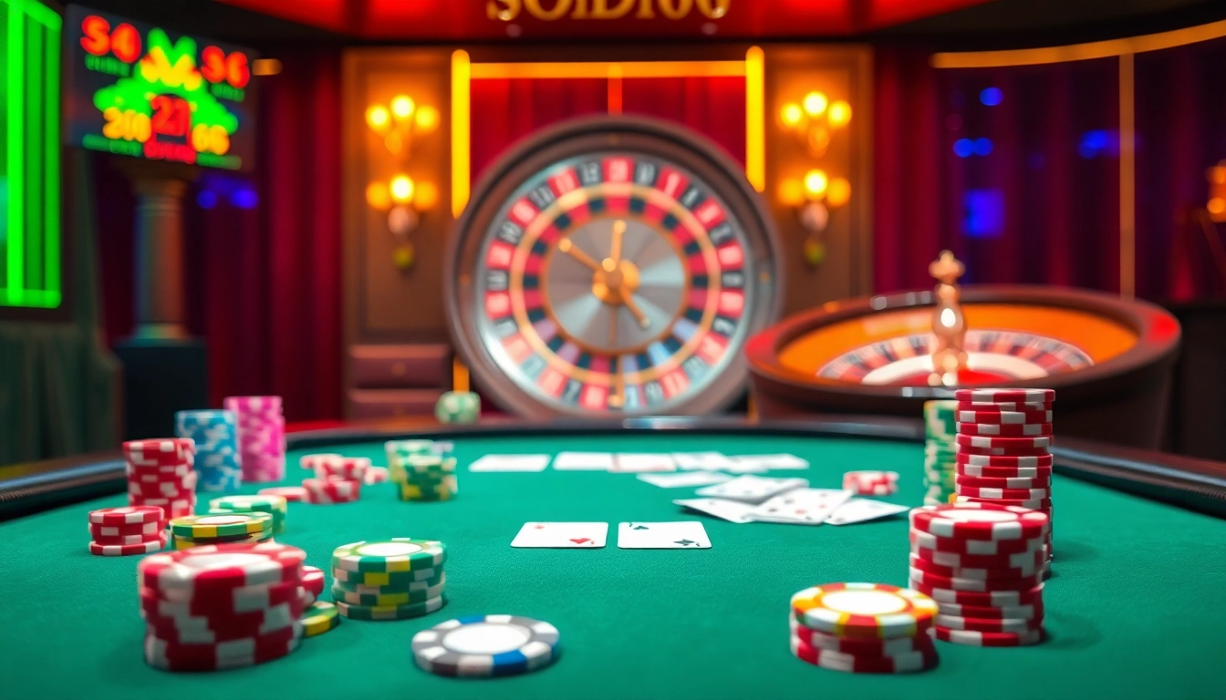 Experience the thrill of SODO66 with a vibrant online casino table and poker chips.