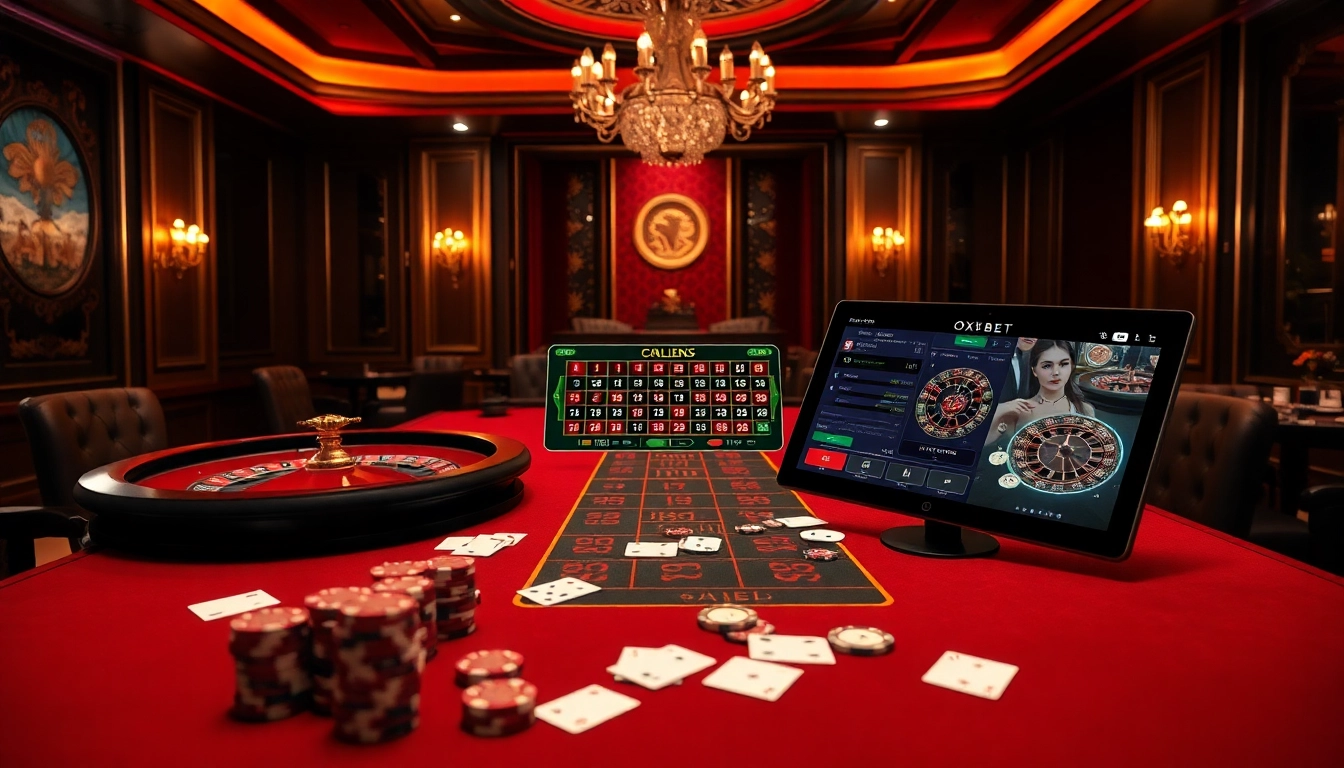 OXBET players engaging in an exciting casino game with traditional elements and a digital interface