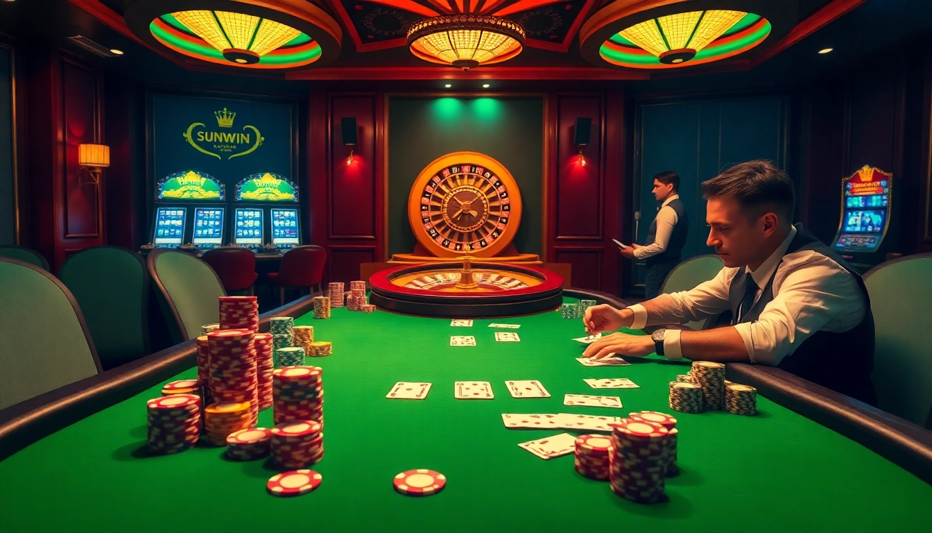 Players enjoy a thrilling poker game at sunwin, showcasing stacks of colorful chips and cards.