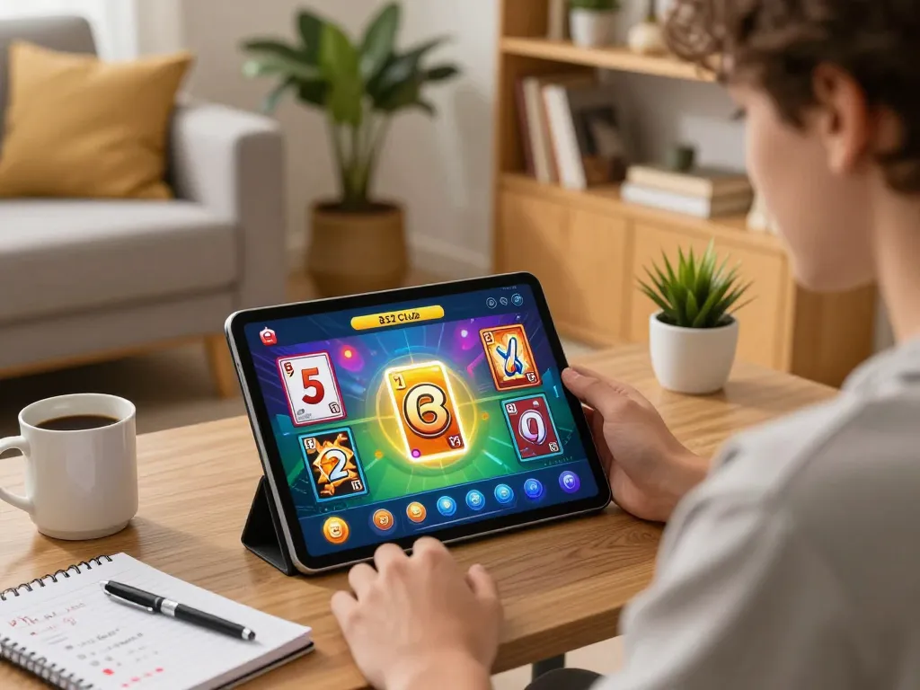 B52 Club player strategizing gameplay on tablet in cozy home atmosphere.