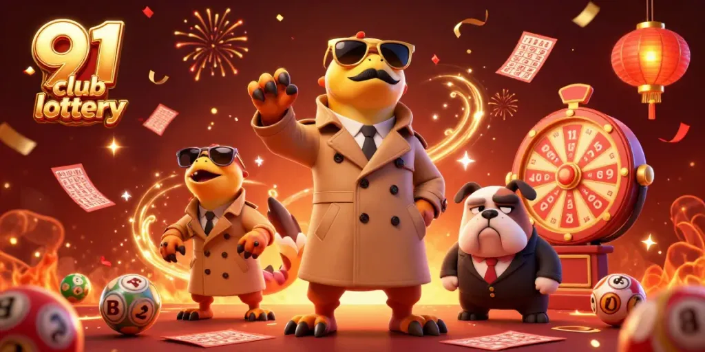 Win big in the 91 club lottery with a captivating 3D scene featuring vibrant game elements.