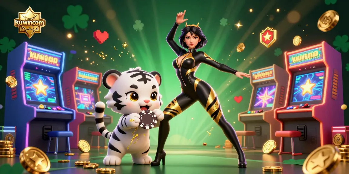 Kuwincom showcases an exciting 3D casino scene with an acrobatic woman and a playful baby tiger, enhancing the gaming experience.