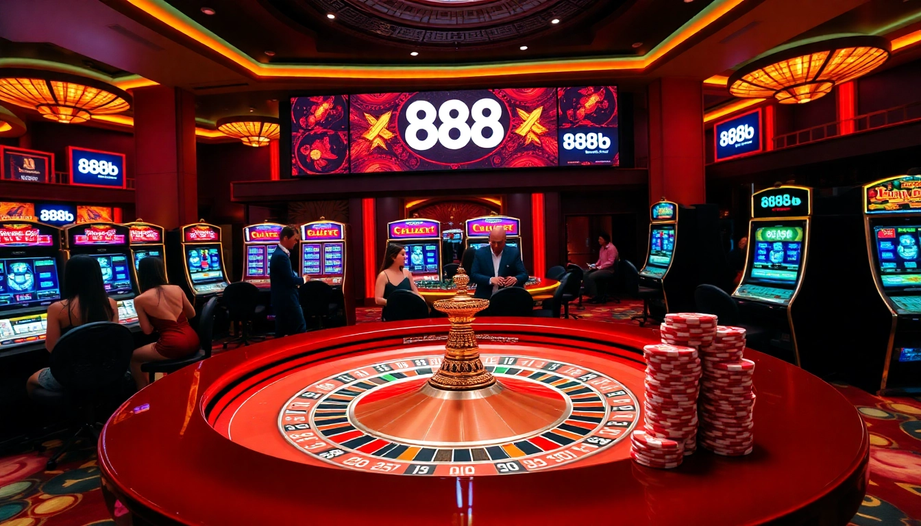 Exciting scene of gamblers at the nhà cái 888b casino with roulette and slot machines.