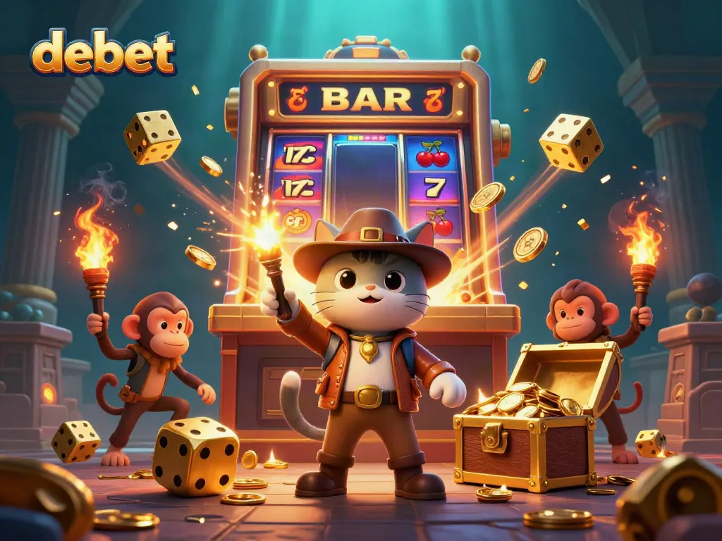 Experience thrilling gameplay with debet as the cat discovers a golden casino artifact in an adventurous scene.