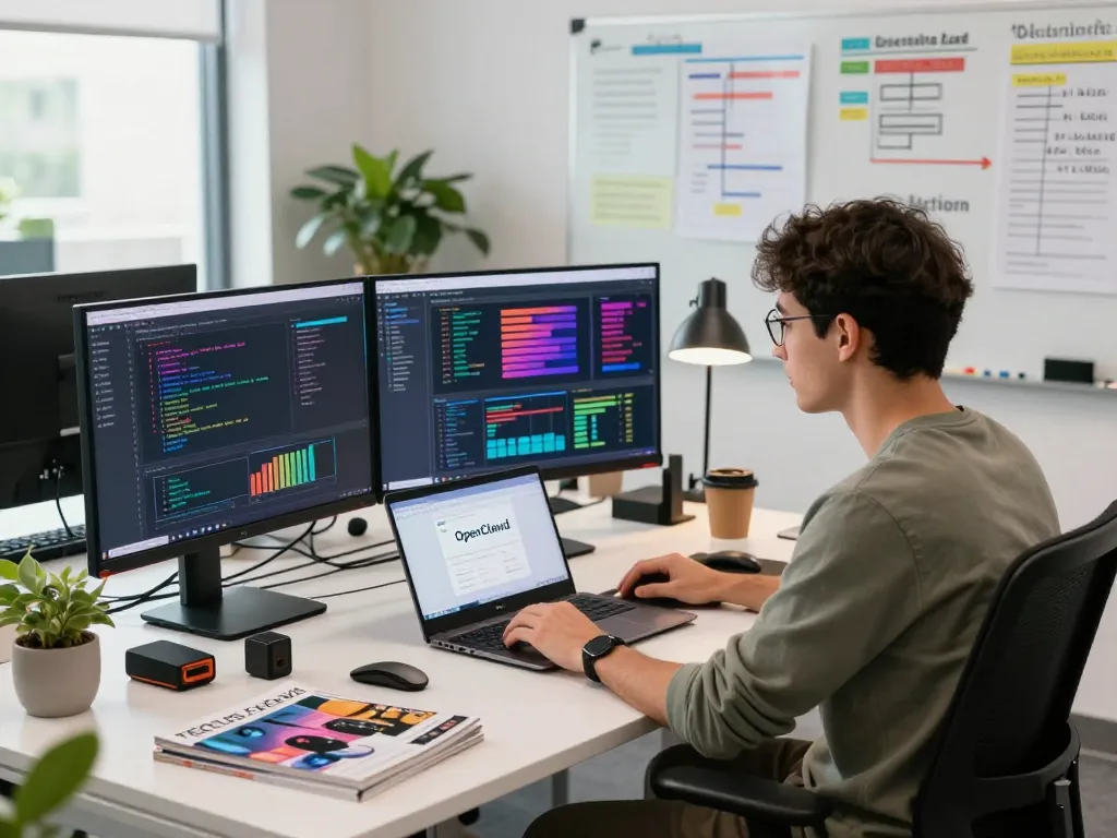 Dynamic software development workspace with OpenClawd setup on screens.