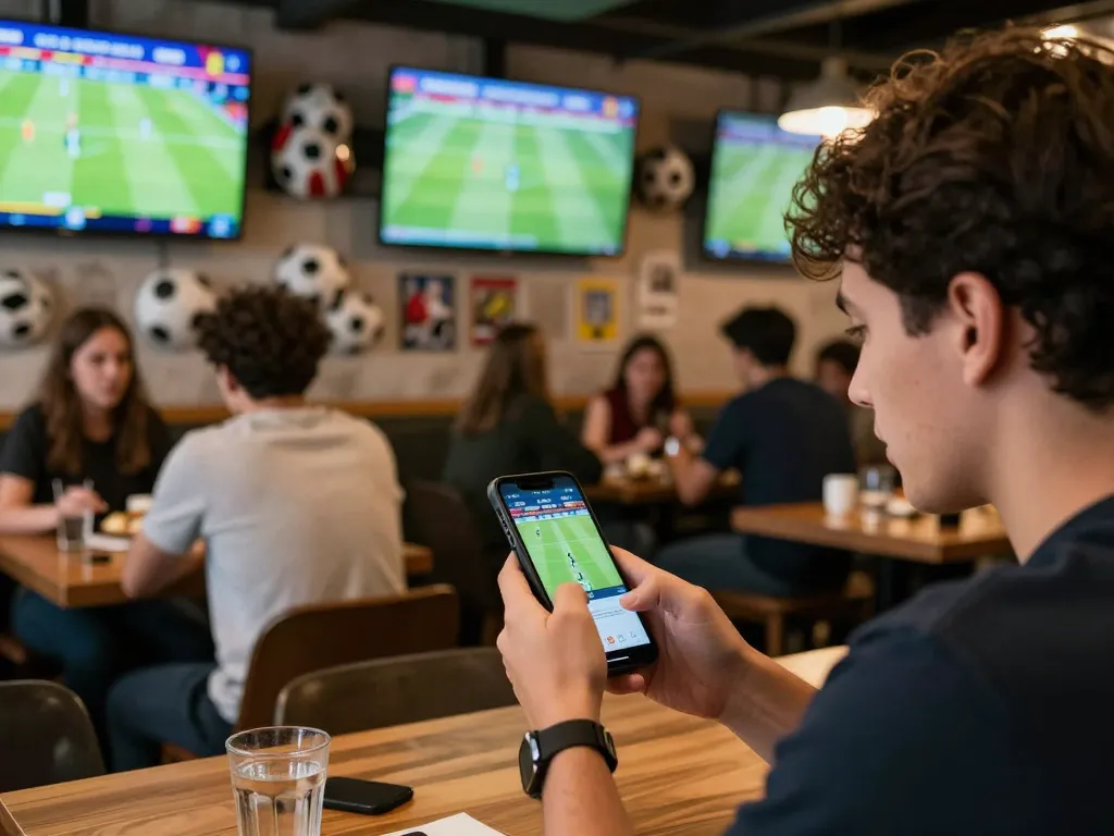 Fan checking live nowgoal scores during a match in a lively café.