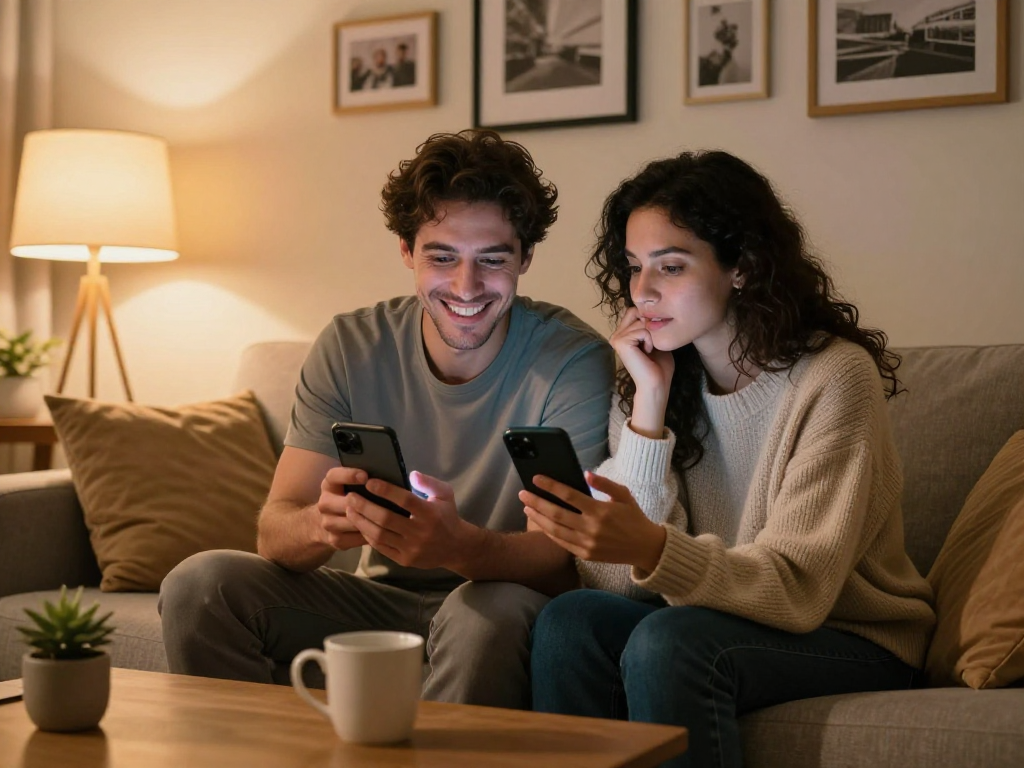 couple enjoying ai chat porn on smartphones in cozy living room