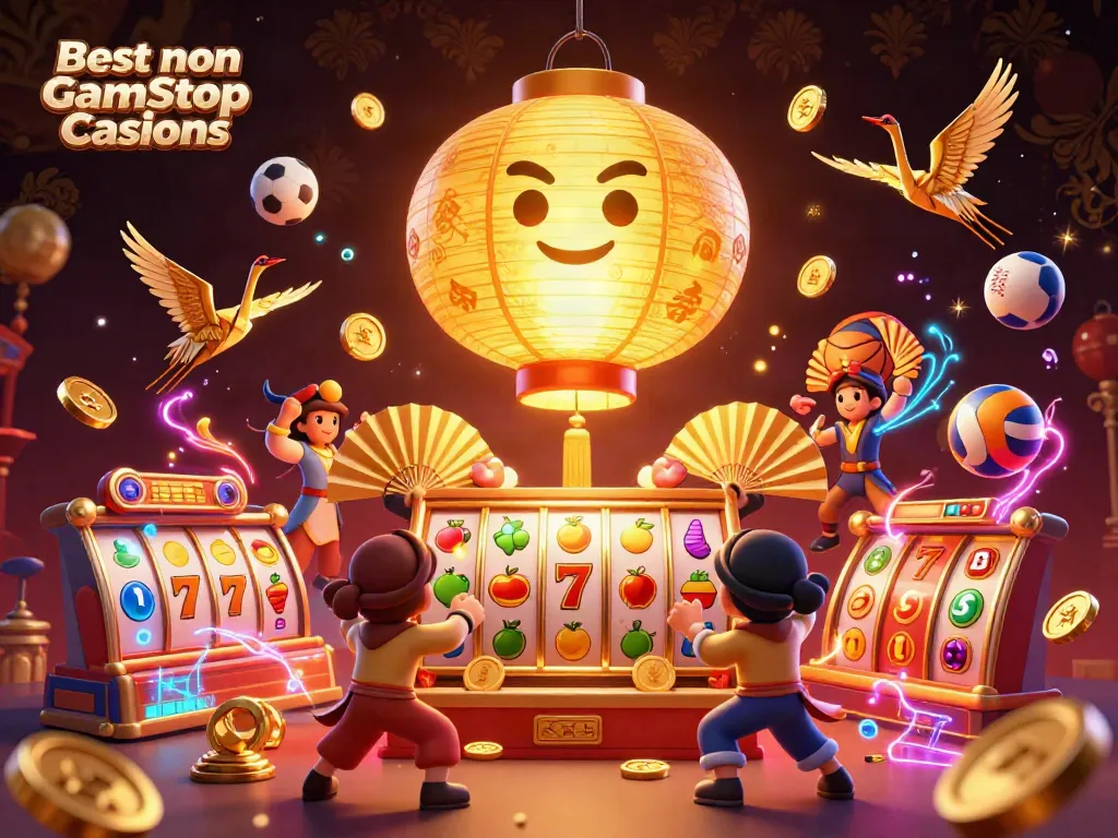 Experience thrilling action at the Best non Gamstop Casinos with vibrant characters and casino elements in a lively atmosphere.