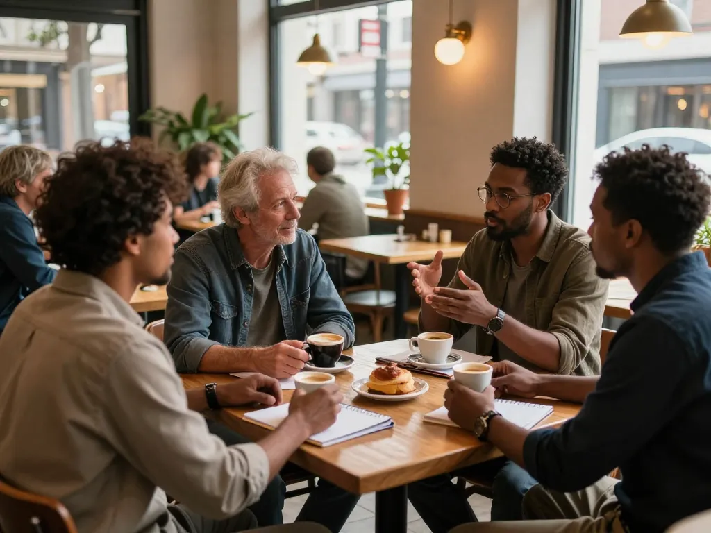 Men engaging in heartfelt conversations in a café, showcasing the supportive community essence of manclub.