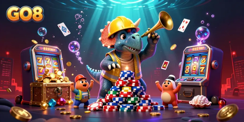 Enjoy the GO8 experience with an underwater casino celebration featuring vibrant characters and exciting gaming elements.