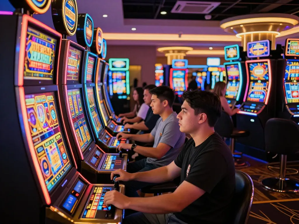 Players engaging with vivid slot machines at bu88, creating an immersive casino atmosphere.