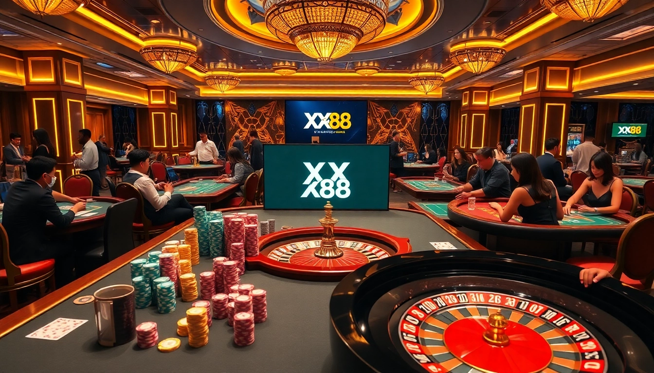 Engaging casino scene at XX 88, showcasing vibrant poker games with excited players.