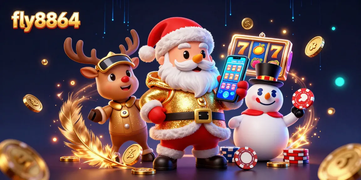 Engage with fly8864's vibrant casino scene showcasing Santa and friends amidst jackpot reels and gold tokens.
