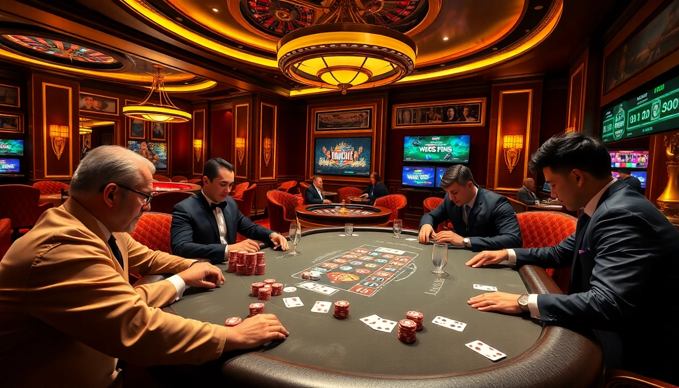 Exciting view of a high-stakes poker game at a top nhà cái with vibrant colors and professional players.