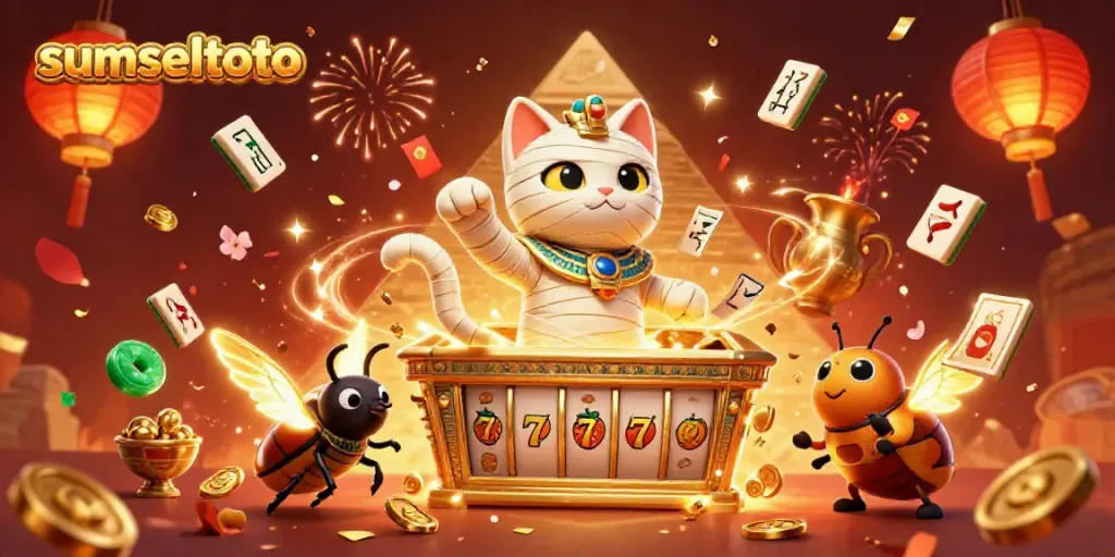 Sumseltoto's engaging Egyptian-themed casino scene featuring vibrant characters and slot elements.