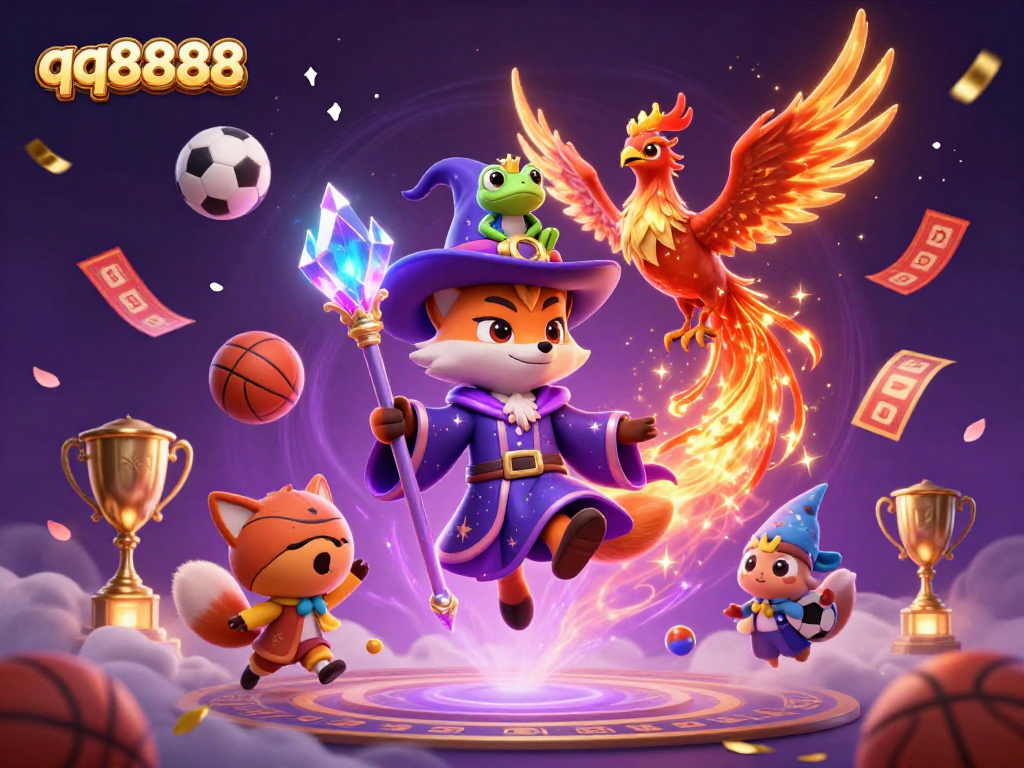 Engage with the thrilling world of sports betting on qq8888 featuring a magical scene of a wizard fox and phoenix amidst vibrant sports elements.