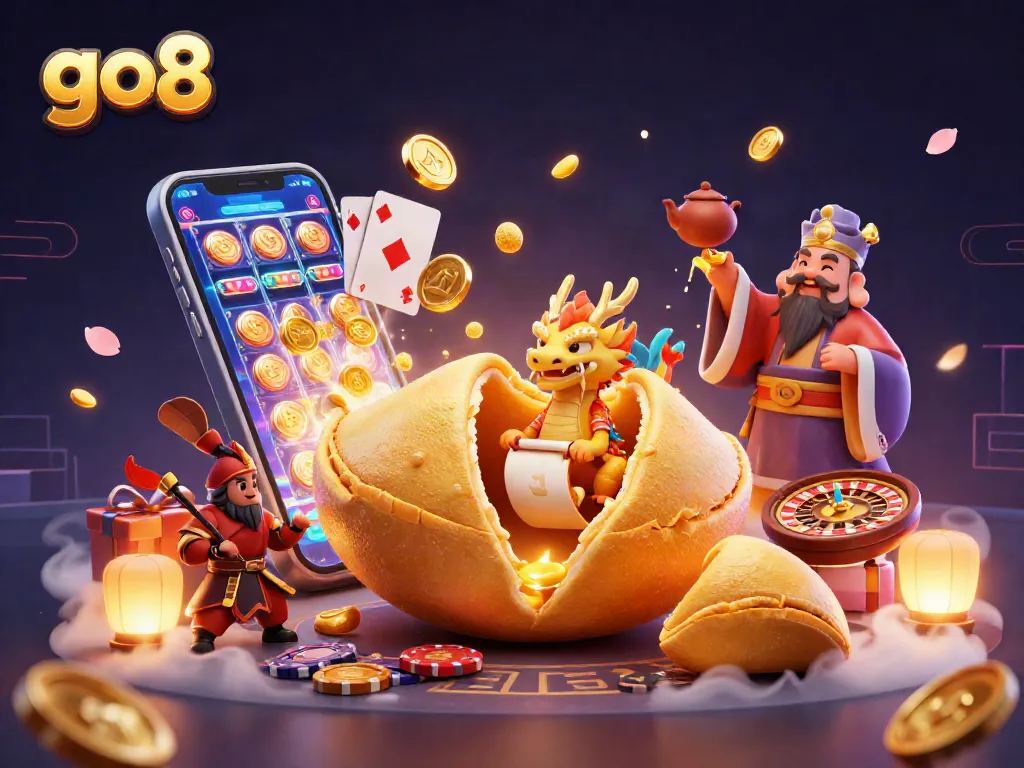 Experience the thrilling world of go8 with a dynamic casino scene featuring a wise dragon and animated game elements.