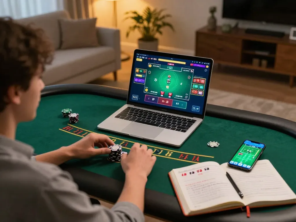 Player engaging in live blackjack at home with alc88 on the laptop screen, showcasing strategic gameplay
