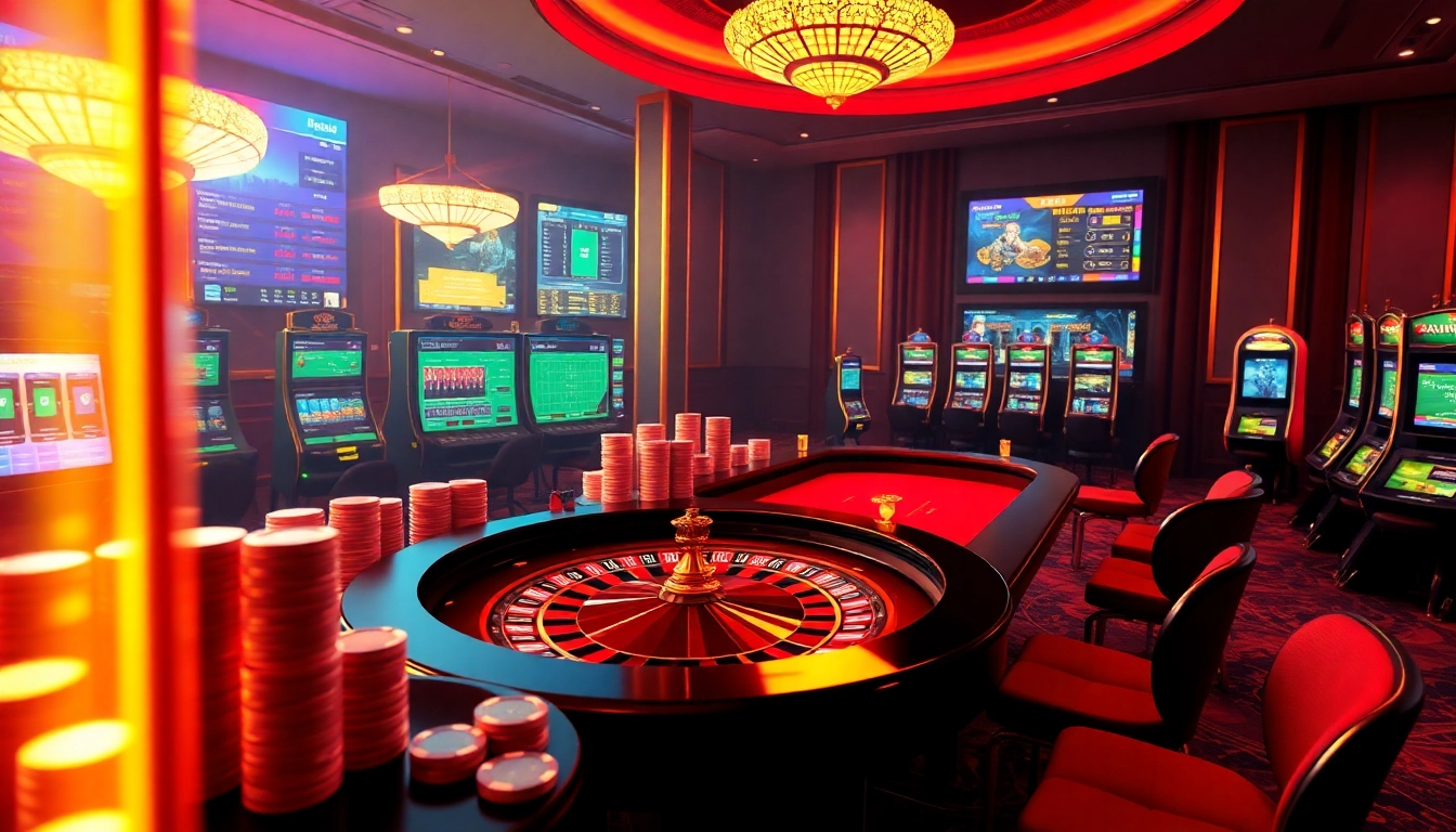 A thrilling online gambling experience showcasing Alo789 Com with vibrant roulette wheels and poker chips.