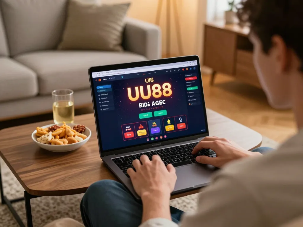 Engaged player using UU88 online casino platform on laptop in a cozy home environment.