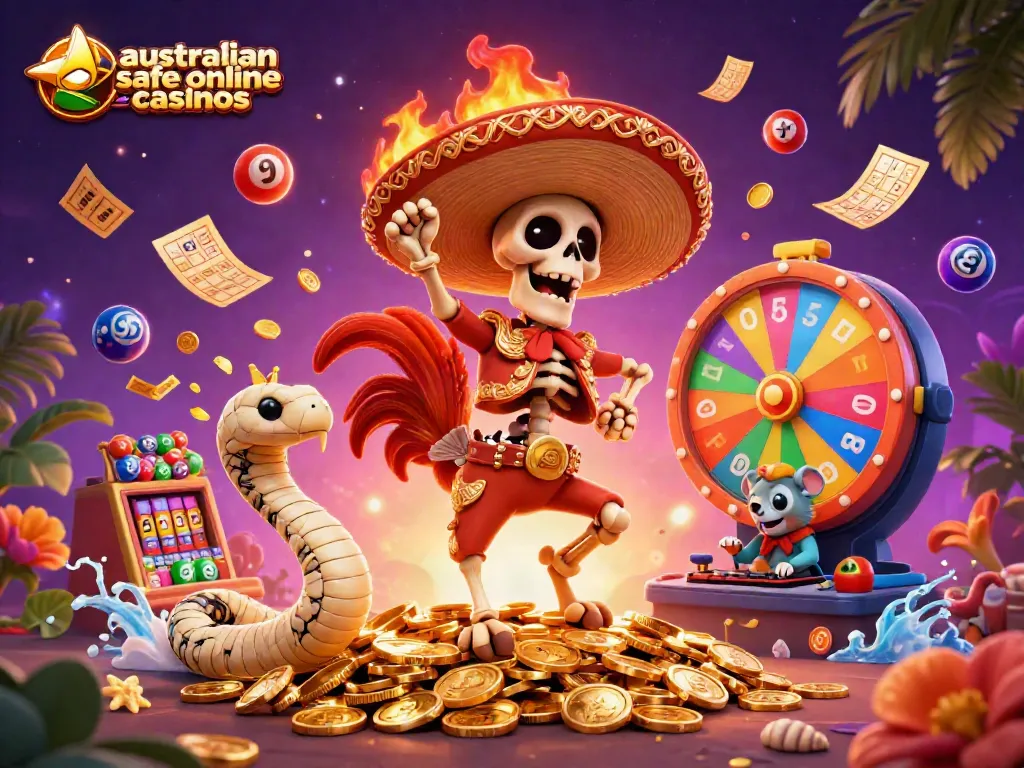 Celebrate winnings at australian safe online casinos with a vibrant, lively 3D scene of games and characters.