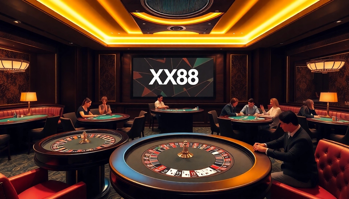 Engaging scene with players at nhà cái XX88 casino tables, highlighting excitement and luxury.