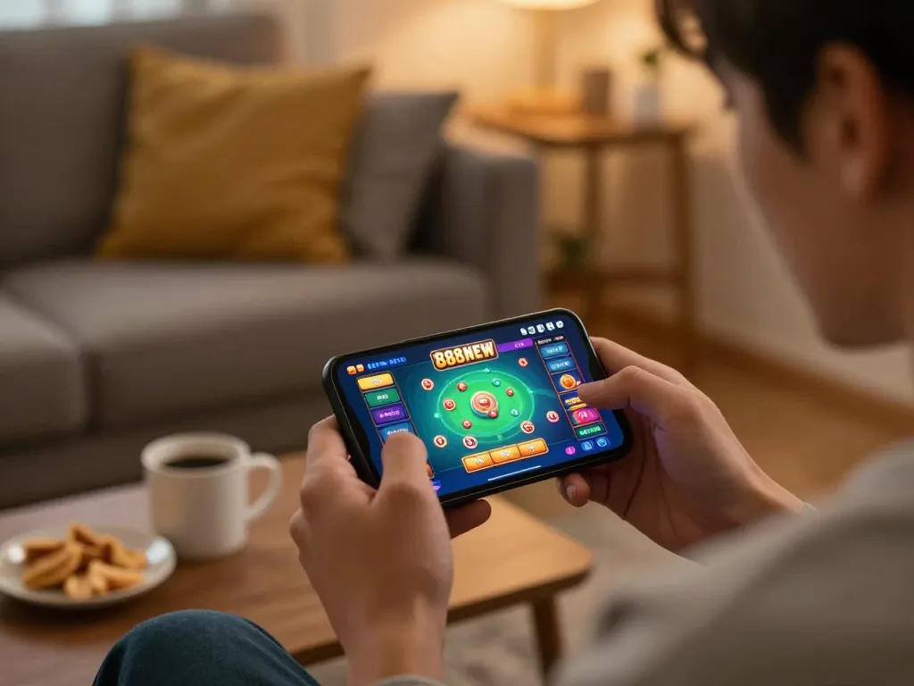 Player enjoying online gaming on the 888NEW app in a cozy home setting, showcasing strategic play and engagement.
