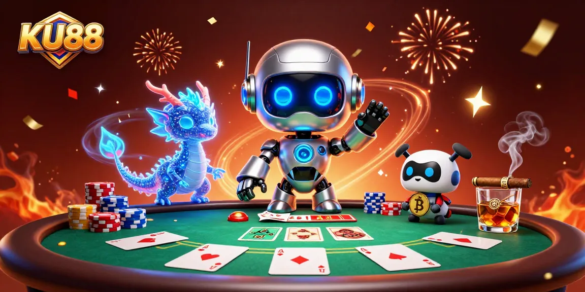 Experience the excitement of KU88 casino with dynamic poker action featuring a cyberpunk robot and vibrant elements.