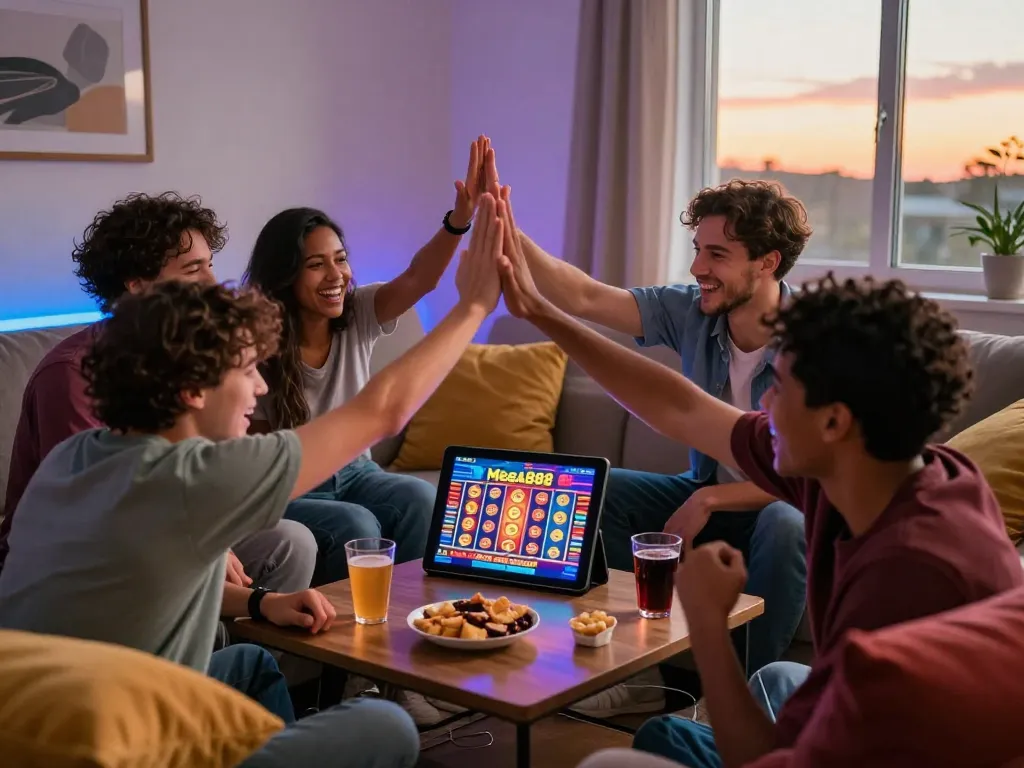 Friends enjoying apk mega888 gaming together on a tablet in a cozy living room.