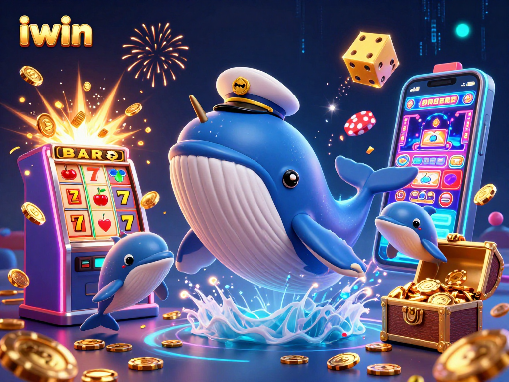 Engage with iwin's thrilling casino world as a cartoon whale and playful dolphins navigate a treasure-filled sea