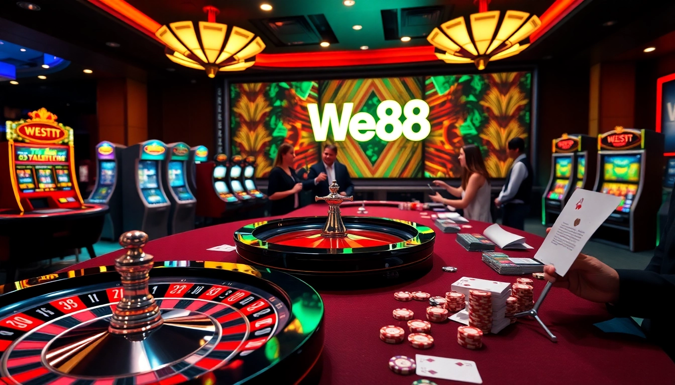 Players enjoying immersive gaming experiences at WE88 online casino with vibrant tables and chips.