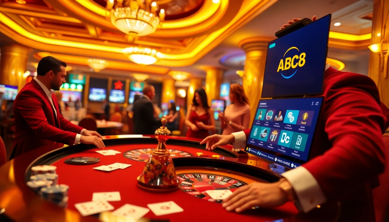 Players engaging in thrilling games at the ABC8 casino, highlighting excitement with roulette and poker.