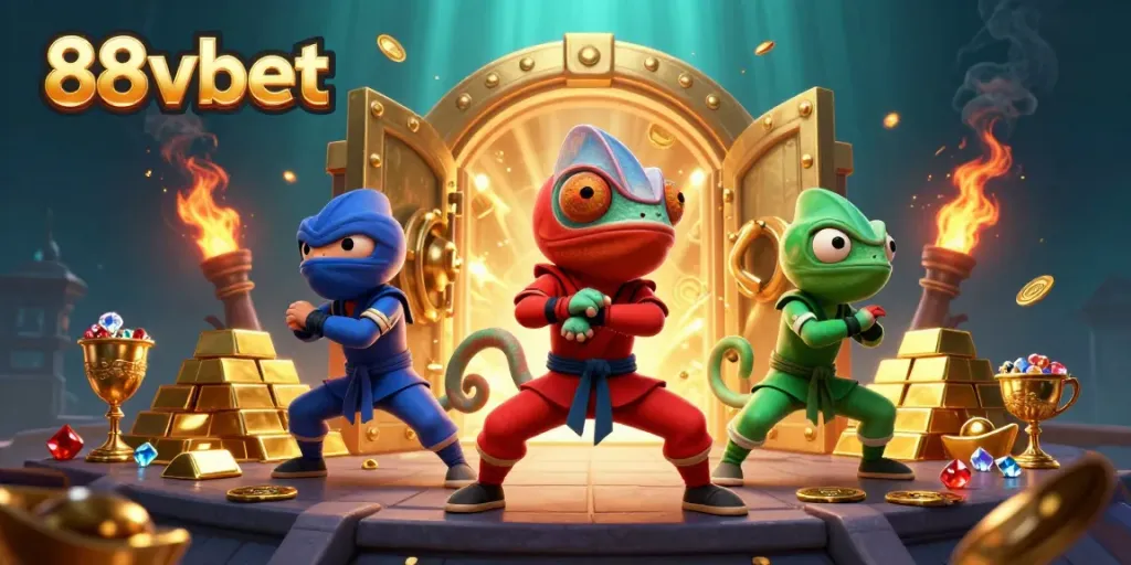 88vbet's ninja chameleon team showcases synchronized moves around a treasure vault, vibrant and packed with casino elements.