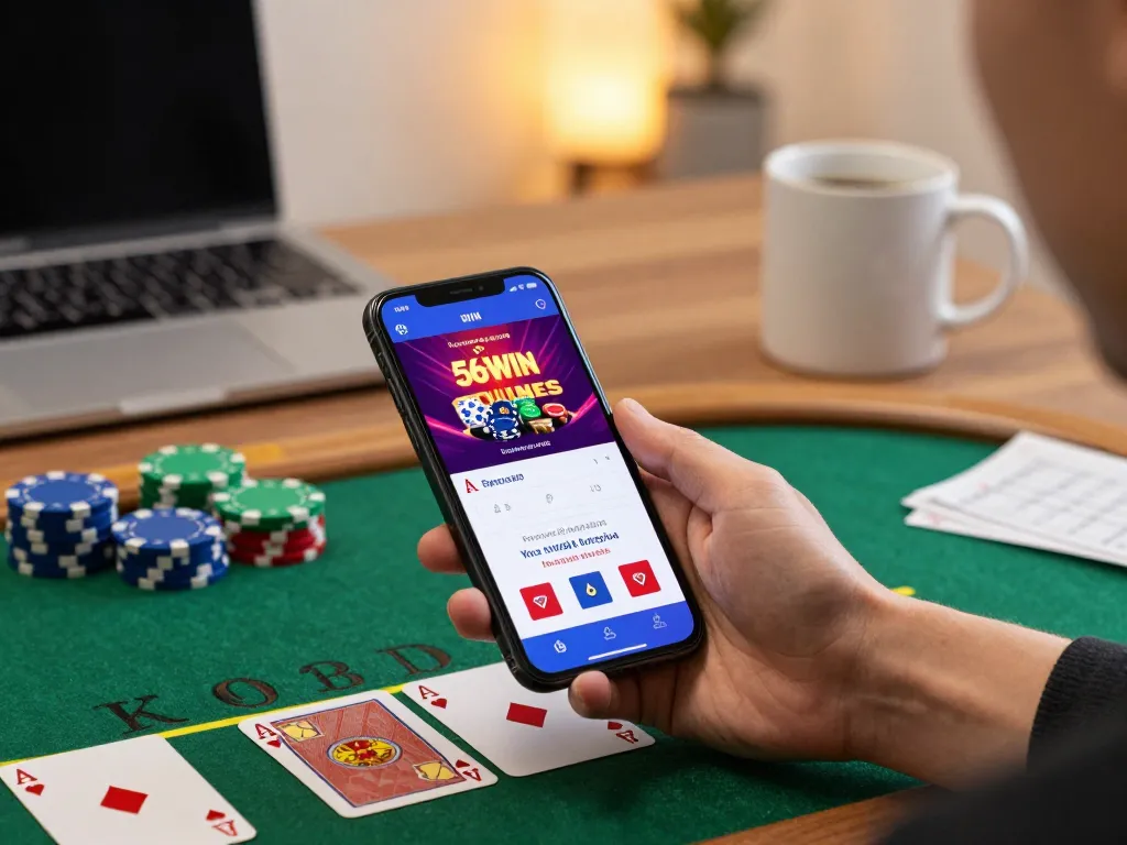 Player engaging with the 56WIN casino app on mobile during a live dealer blackjack game.