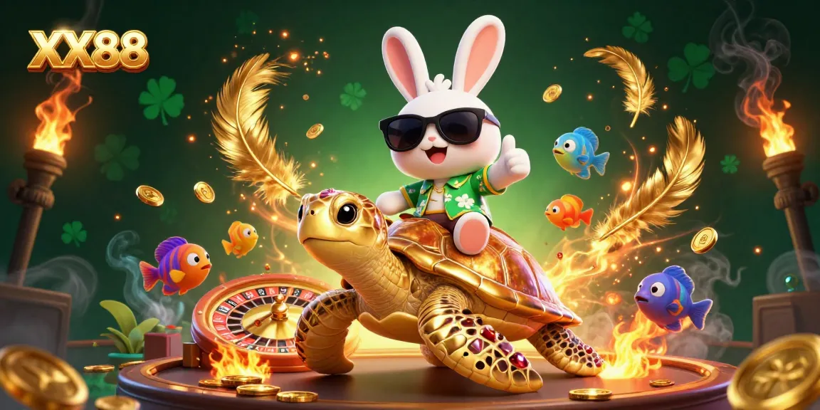 Join the lively casino action with XX88 featuring a lucky rabbit and a golden sea turtle amidst vibrant elements