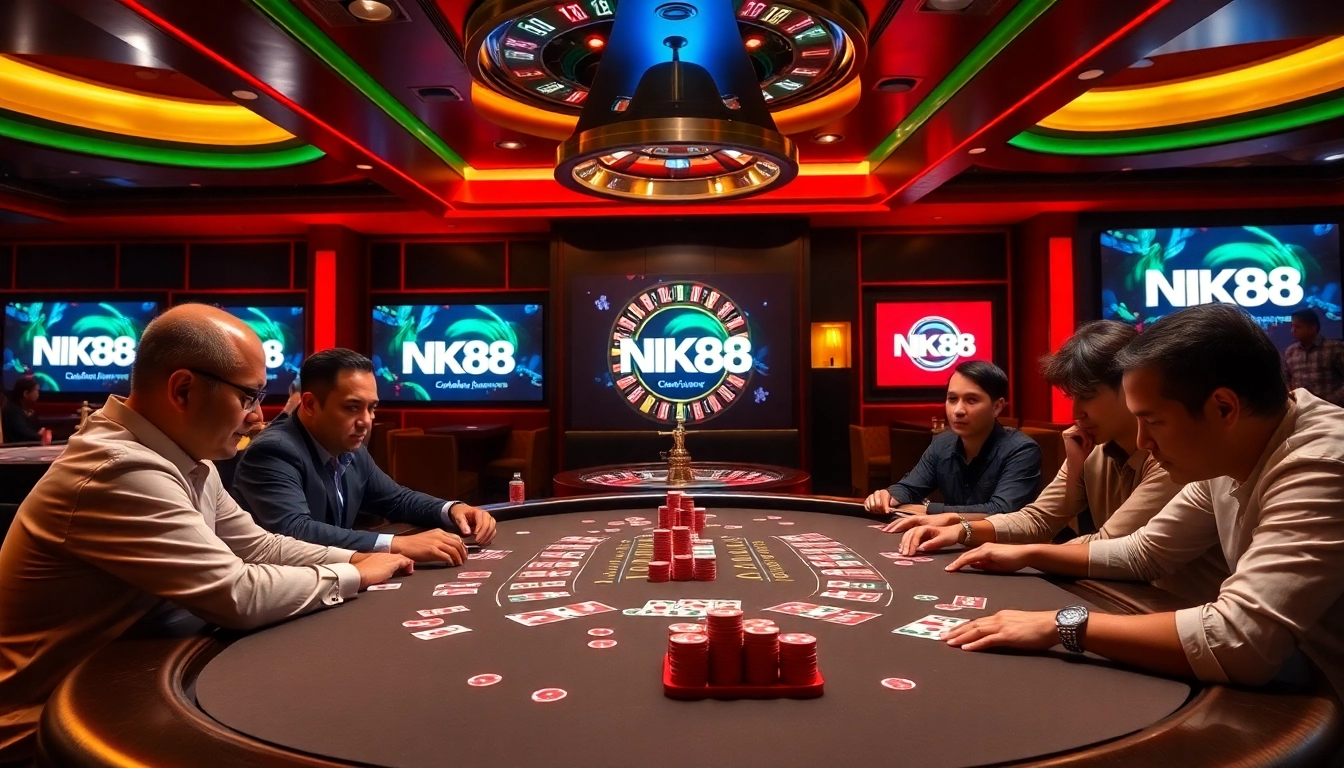 Engaged players strategizing at a poker table in a luxurious NK88 casino.